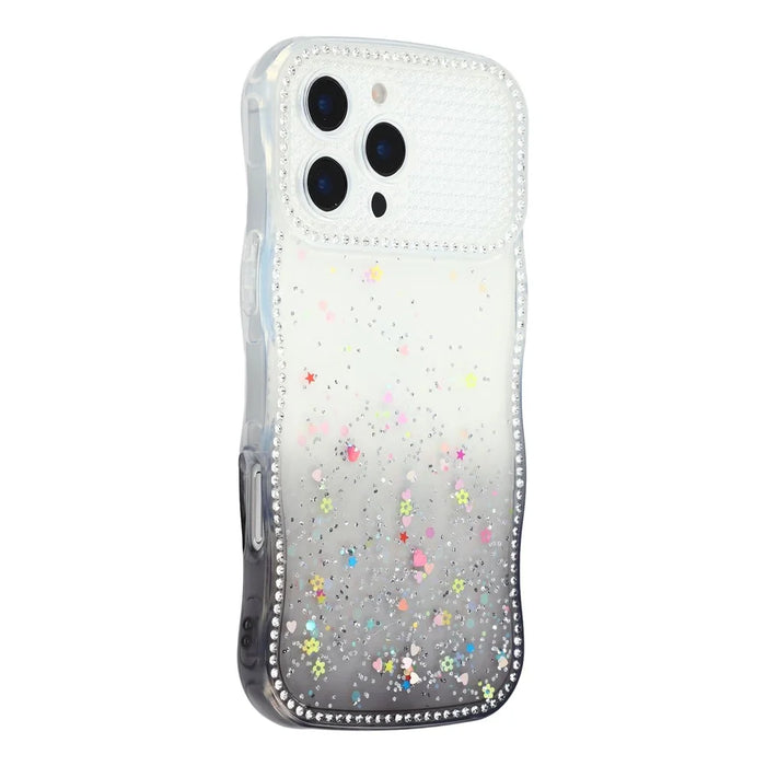 For iPhone 16 Pro Max Case Glitter Epoxy Design TPU Phone Cover with Sparkly Rhinestone Decor Wave Frame - Gradient Black - 1
