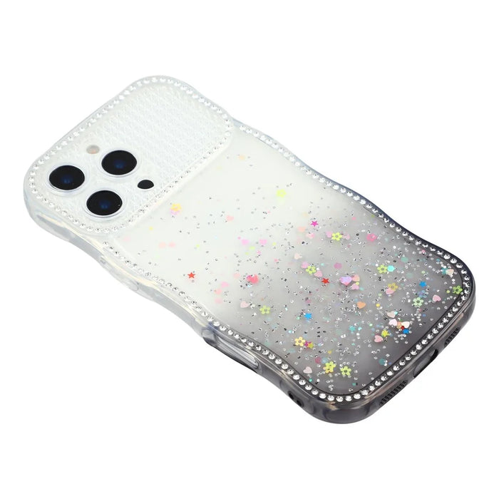 For iPhone 16 Pro Max Case Glitter Epoxy Design TPU Phone Cover with Sparkly Rhinestone Decor Wave Frame - Gradient Black - 4