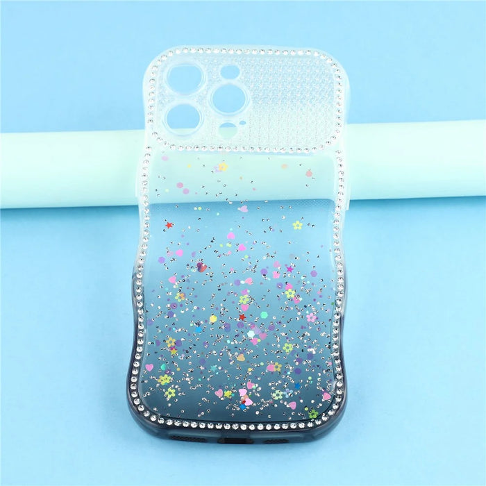 For iPhone 16 Pro Max Case Glitter Epoxy Design TPU Phone Cover with Sparkly Rhinestone Decor Wave Frame - Gradient Black - 6