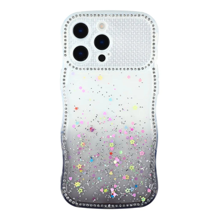 For iPhone 16 Pro Case Glitter Epoxy Design TPU Phone Cover with Sparkly Rhinestone Decor Wave Frame - Gradient Black - 3