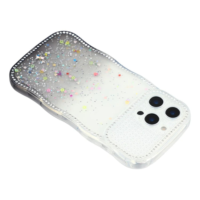 For iPhone 16 Pro Case Glitter Epoxy Design TPU Phone Cover with Sparkly Rhinestone Decor Wave Frame - Gradient Black - 5