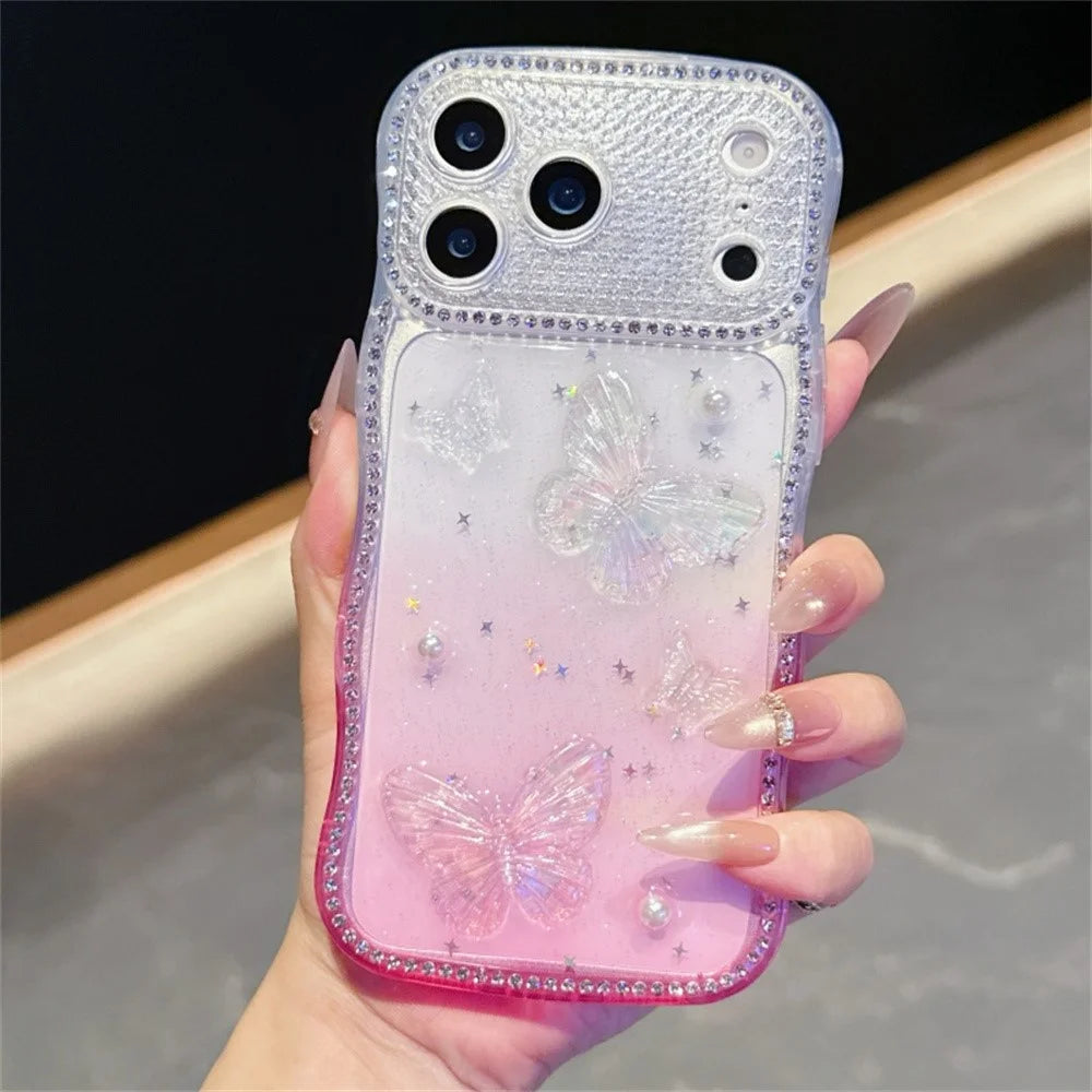For iPhone 17 Pro Max Case Epoxy Butterfly Design Rhinestone Decor Gradient Shockproof TPU Phone Cover - White  /  Pink - 1