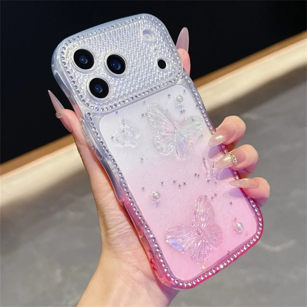For iPhone 17 Pro Max Case Epoxy Butterfly Design Rhinestone Decor Gradient Shockproof TPU Phone Cover - White  /  Pink - 2