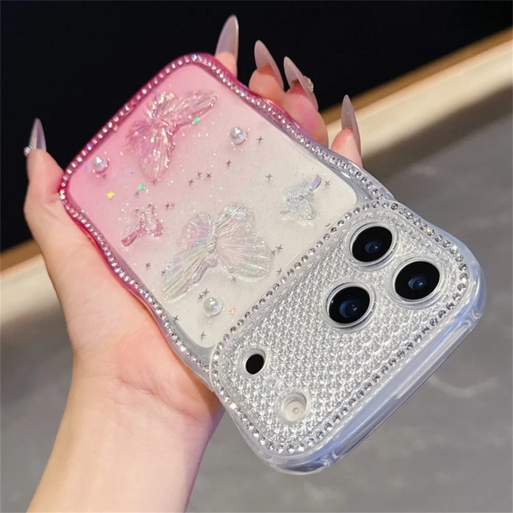 For iPhone 17 Pro Max Case Epoxy Butterfly Design Rhinestone Decor Gradient Shockproof TPU Phone Cover - White  /  Pink - 3