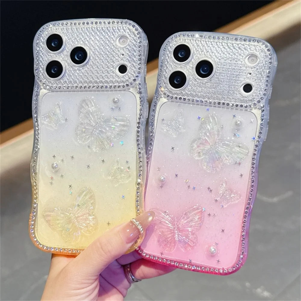 For iPhone 17 Pro Max Case Epoxy Butterfly Design Rhinestone Decor Gradient Shockproof TPU Phone Cover - White  /  Pink - 4