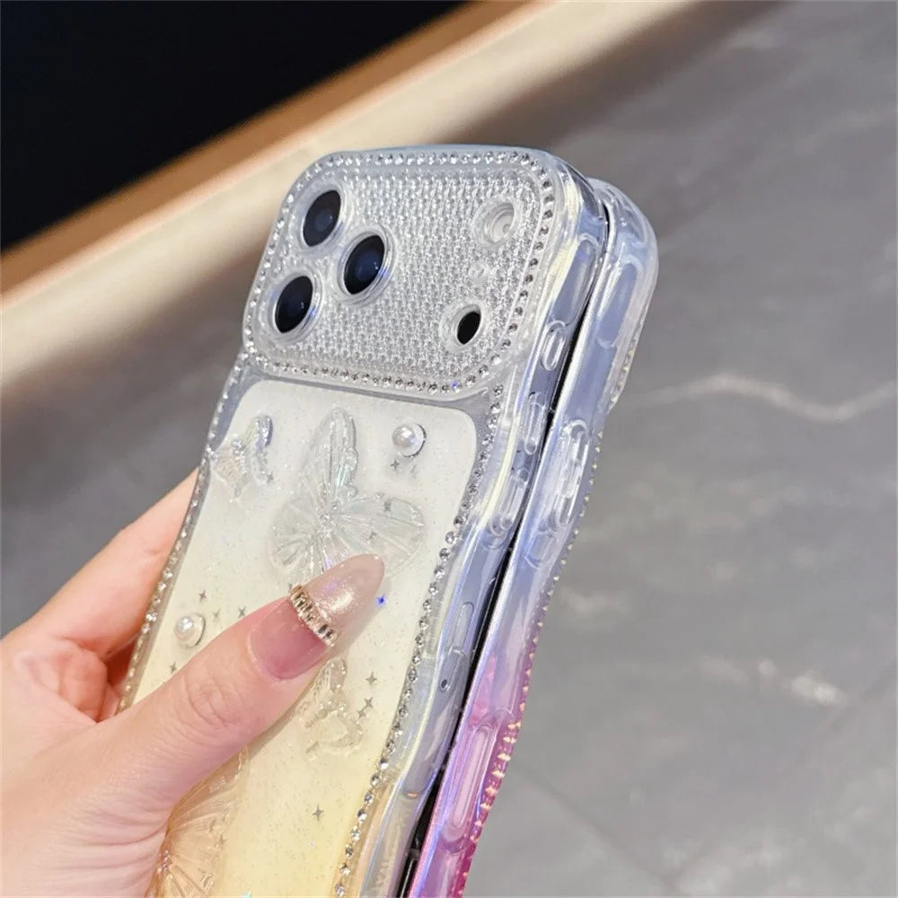For iPhone 17 Pro Max Case Epoxy Butterfly Design Rhinestone Decor Gradient Shockproof TPU Phone Cover - White  /  Pink - 5