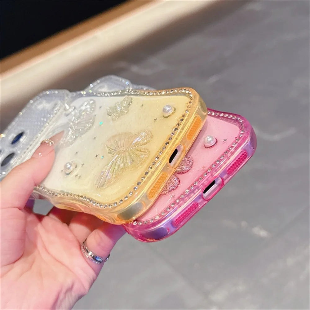 For iPhone 17 Pro Max Case Epoxy Butterfly Design Rhinestone Decor Gradient Shockproof TPU Phone Cover - White  /  Pink - 6