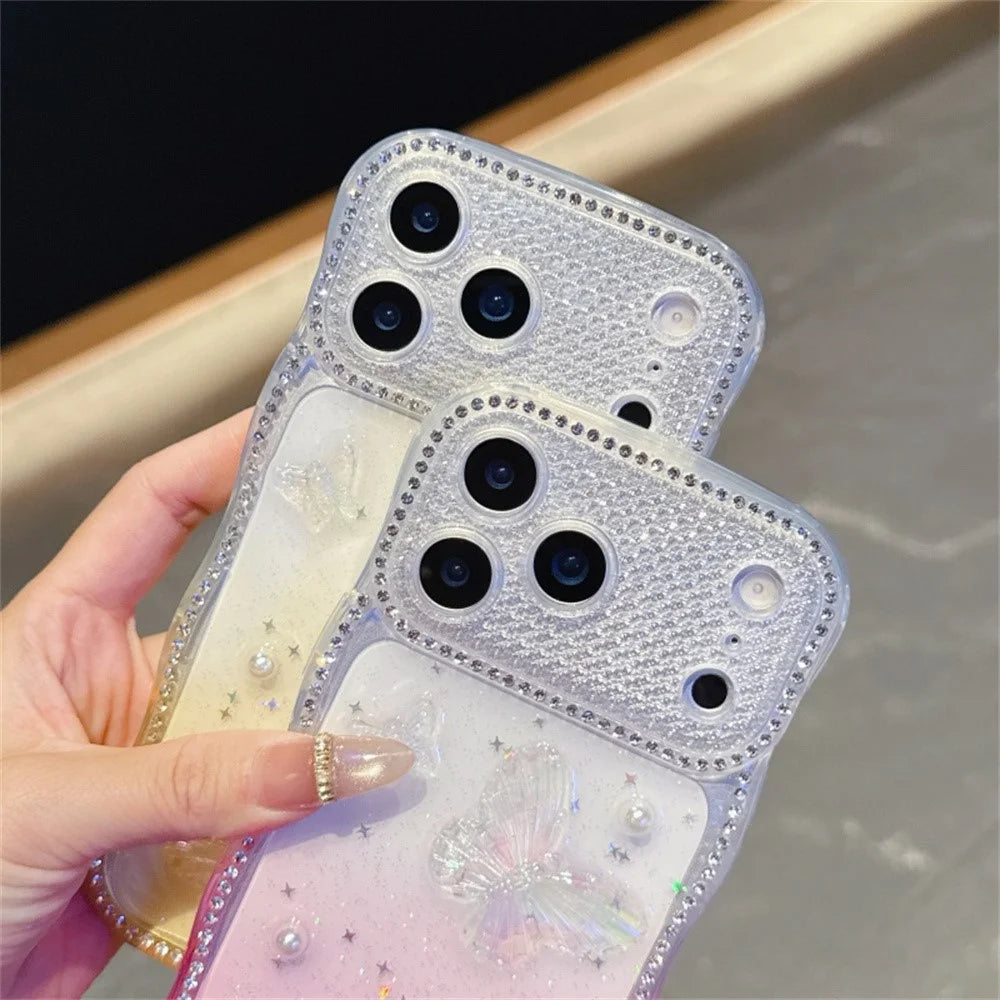 For iPhone 17 Pro Max Case Epoxy Butterfly Design Rhinestone Decor Gradient Shockproof TPU Phone Cover - White  /  Pink - 7
