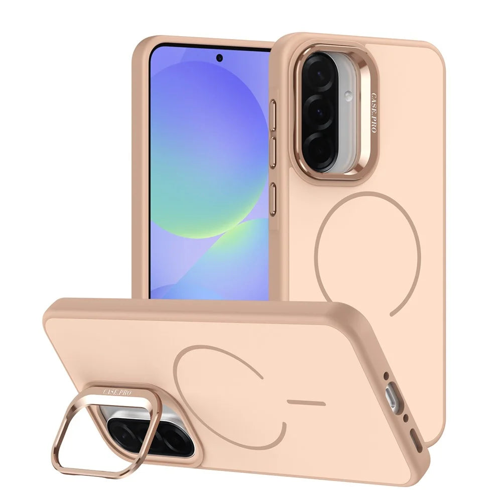 For Samsung Galaxy A57 5G Case Skin-touch PC + TPU Magnetic Phone Cover with Lens Frame Kickstand - Desert Gold - 1