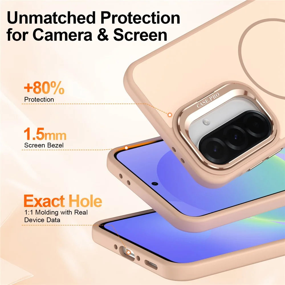 For Samsung Galaxy A57 5G Case Skin-touch PC + TPU Magnetic Phone Cover with Lens Frame Kickstand - Desert Gold - 5