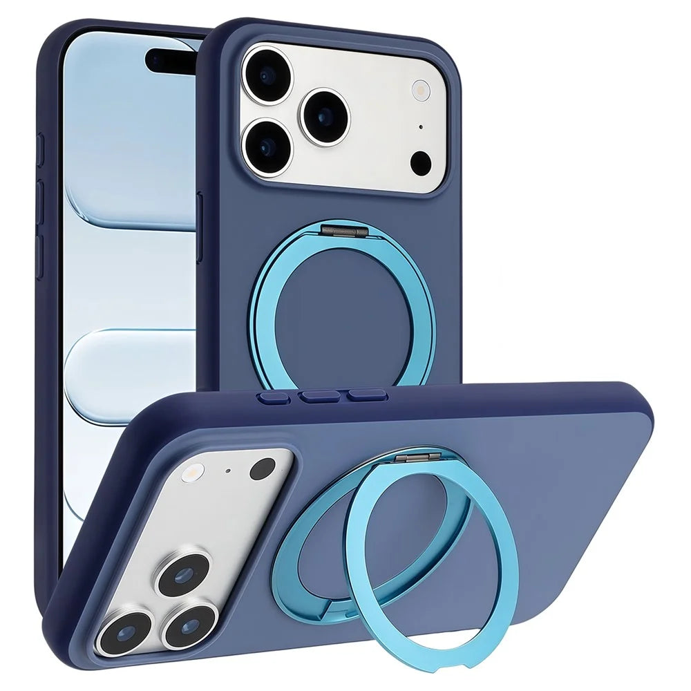 For iPhone 17 Pro Max Magnetic Case Rotary Kickstand Skin Touch PC + TPU Phone Cover Support Wireless Charging - Dark Blue - 1