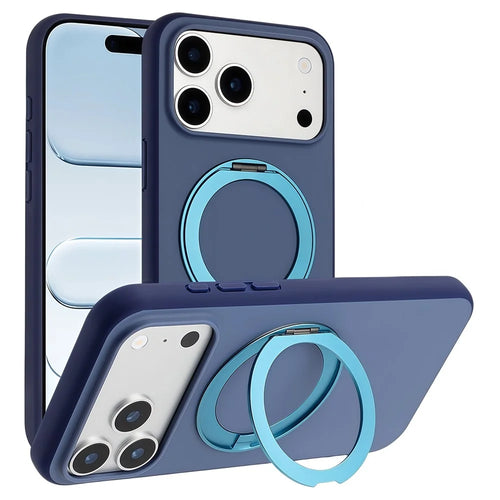 For iPhone 17 Pro Max Magnetic Case Rotary Kickstand Skin Touch PC + TPU Phone Cover Support Wireless Charging - Dark Blue - 1