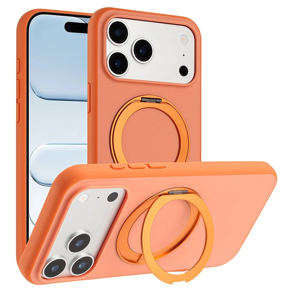 For iPhone 17 Pro Magnetic Case Rotary Kickstand Skin Touch PC + TPU Phone Cover Support Wireless Charging - Orange - 1
