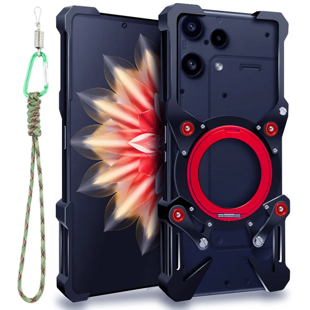 For Nothing Phone (3a) Lite 5G Bumper Case Kickstand Aluminum Alloy Magnetic Phone Cover with Wrist Strap - Black - 1