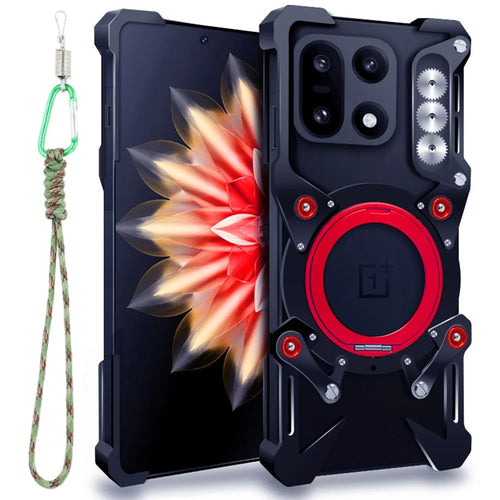 For OnePlus 15 5G Bumper Case Kickstand Aluminum Alloy Magnetic Phone Cover with Wrist Strap - Black - 1