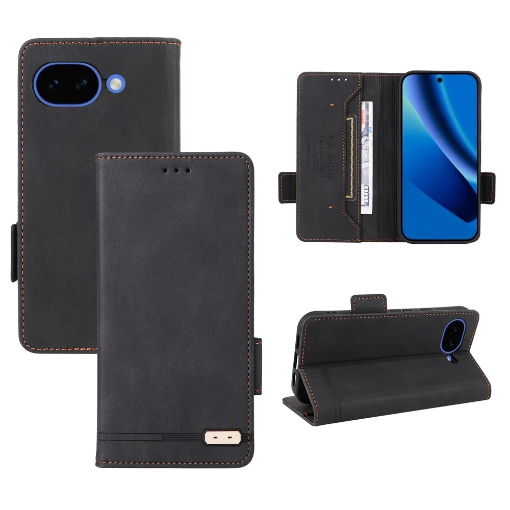 For Google Pixel 10a Case Leather Wallet Flip Phone Cover with Hardware Decor - Black - 6