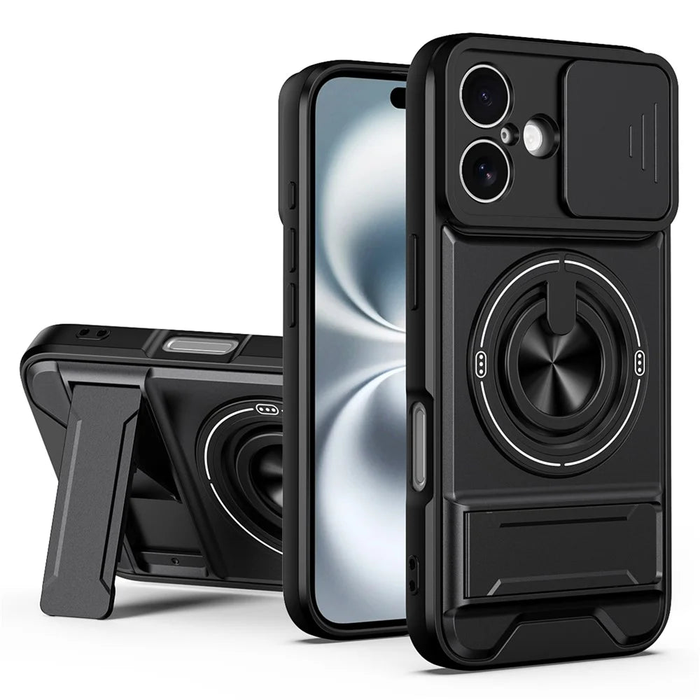 For iPhone 16 Case Compatible with MagSafe Ring Holder Foldable Kickstand TPU PC Phone Cover with Camera Lens Slider - Black - 1