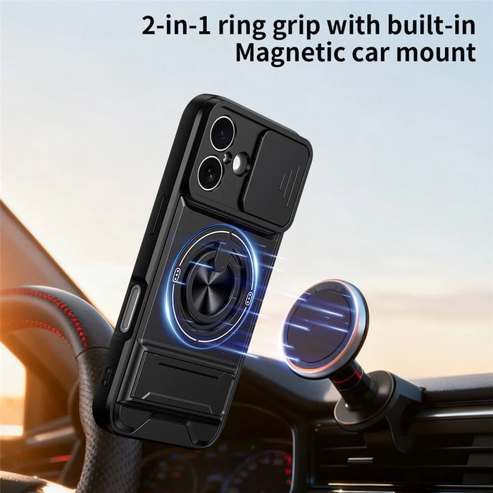 For iPhone 16 Case Compatible with MagSafe Ring Holder Foldable Kickstand TPU PC Phone Cover with Camera Lens Slider - Black - 2