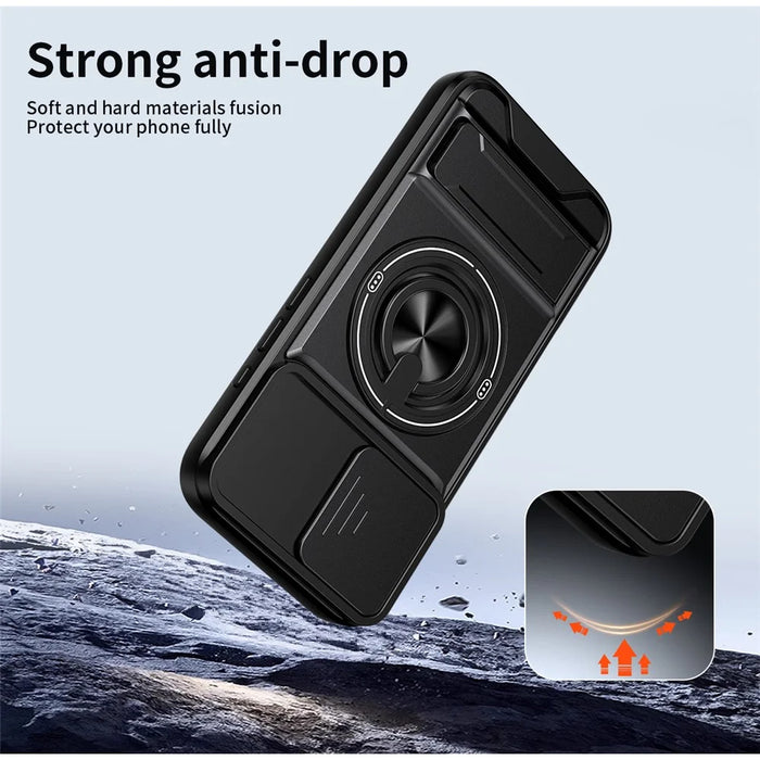 For iPhone 16 Case Compatible with MagSafe Ring Holder Foldable Kickstand TPU PC Phone Cover with Camera Lens Slider - Black - 3