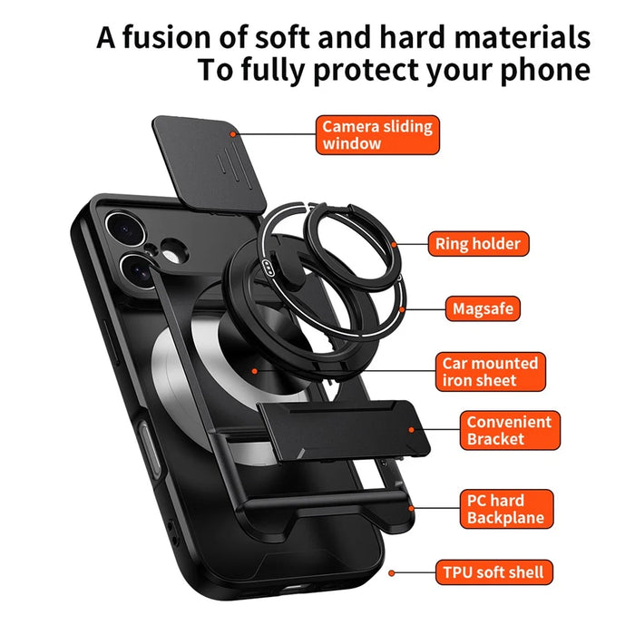 For iPhone 16 Case Compatible with MagSafe Ring Holder Foldable Kickstand TPU PC Phone Cover with Camera Lens Slider - Black - 5