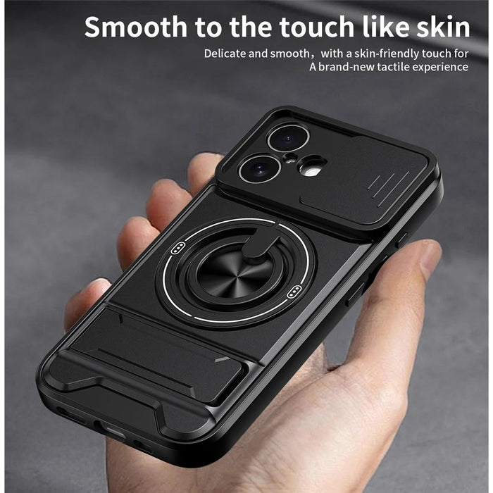 For iPhone 16 Case Compatible with MagSafe Ring Holder Foldable Kickstand TPU PC Phone Cover with Camera Lens Slider - Black - 7