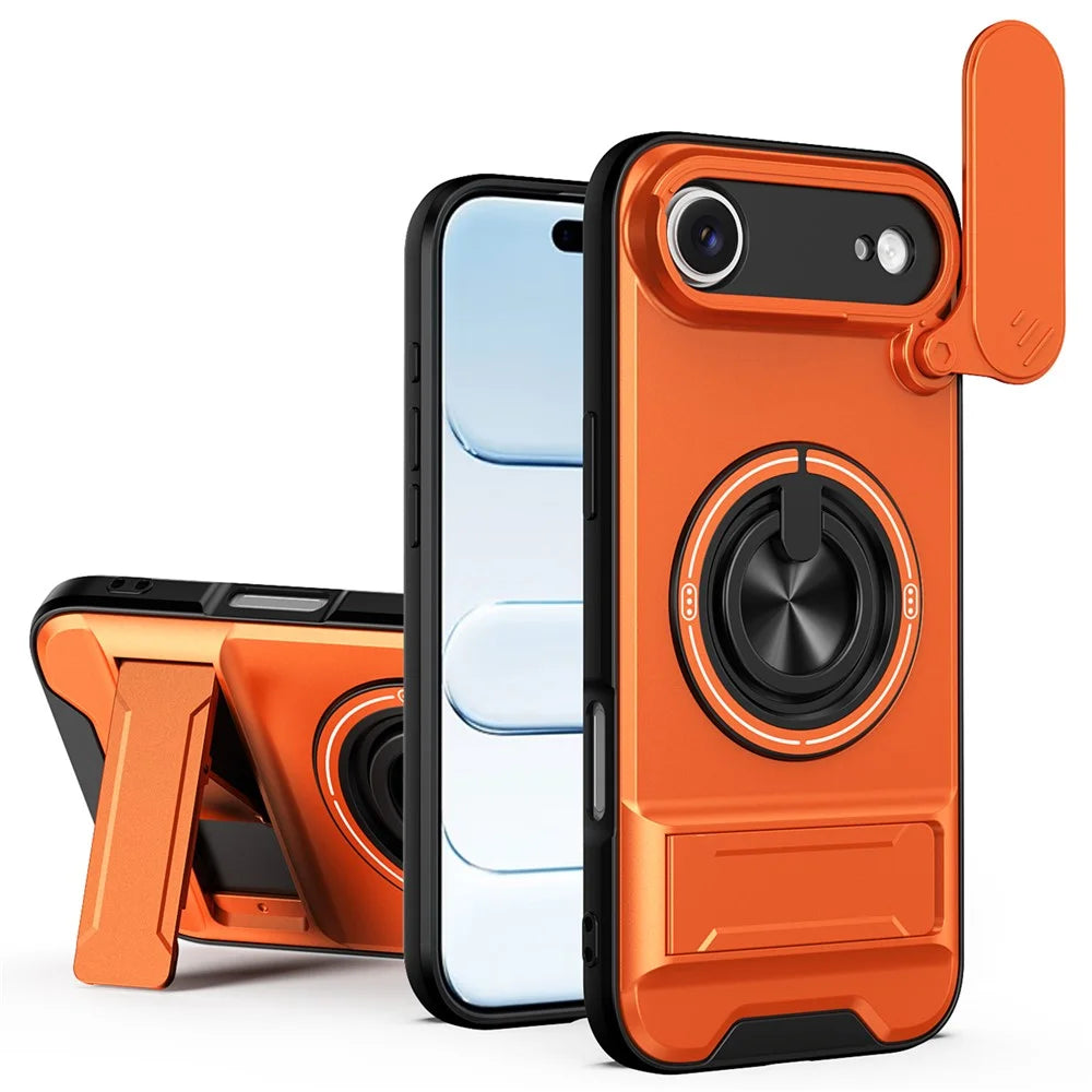 For iPhone Air Case Compatible with MagSafe Ring Holder Foldable Kickstand TPU PC Phone Cover with Camera Lens Slider - Orange - 1