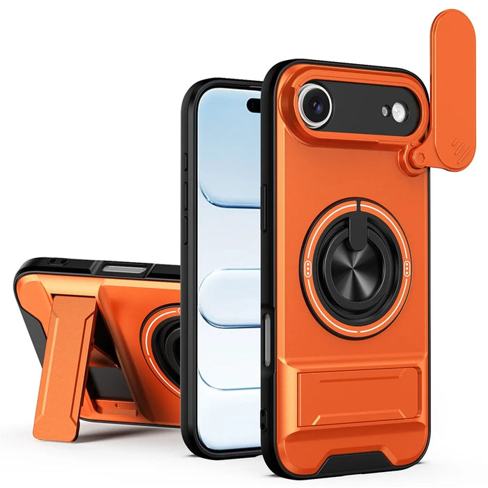 For iPhone Air Case Compatible with MagSafe Ring Holder Foldable Kickstand TPU PC Phone Cover with Camera Lens Slider - Orange - 1