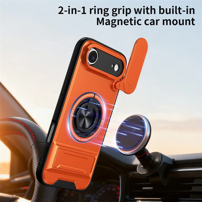 For iPhone Air Case Compatible with MagSafe Ring Holder Foldable Kickstand TPU PC Phone Cover with Camera Lens Slider - Orange - 2