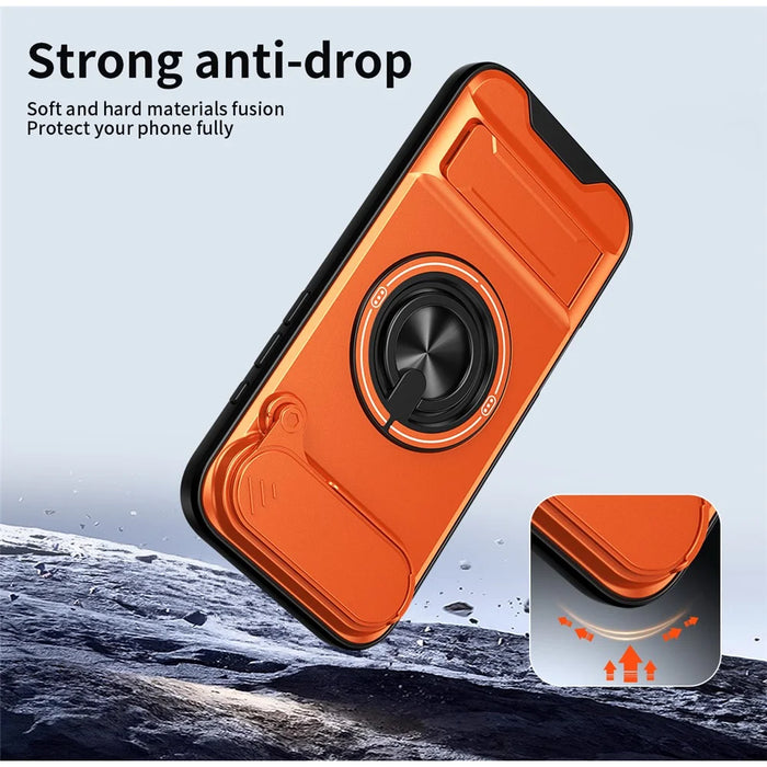 For iPhone Air Case Compatible with MagSafe Ring Holder Foldable Kickstand TPU PC Phone Cover with Camera Lens Slider - Orange - 3