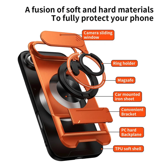 For iPhone Air Case Compatible with MagSafe Ring Holder Foldable Kickstand TPU PC Phone Cover with Camera Lens Slider - Orange - 4