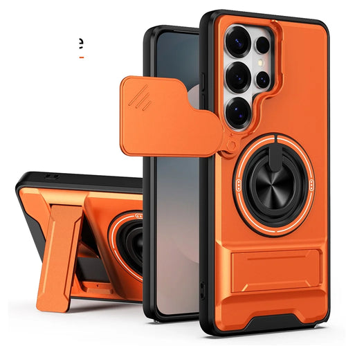 For Samsung Galaxy S26 Ultra Magnetic Case Ring Holder Foldable Kickstand TPU PC Phone Cover with Camera Lens Slider - Orange - 1