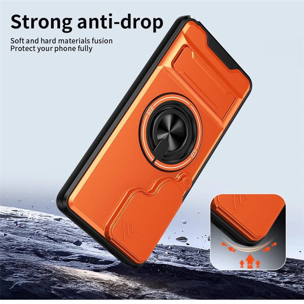 For Samsung Galaxy S26 Ultra Magnetic Case Ring Holder Foldable Kickstand TPU PC Phone Cover with Camera Lens Slider - Orange - 3