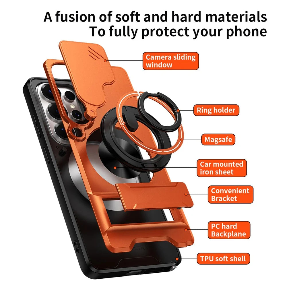 For Samsung Galaxy S26 Ultra Magnetic Case Ring Holder Foldable Kickstand TPU PC Phone Cover with Camera Lens Slider - Orange - 4