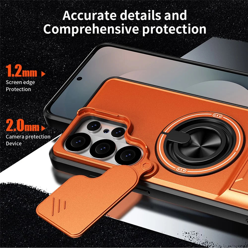For Samsung Galaxy S26 Ultra Magnetic Case Ring Holder Foldable Kickstand TPU PC Phone Cover with Camera Lens Slider - Orange - 5