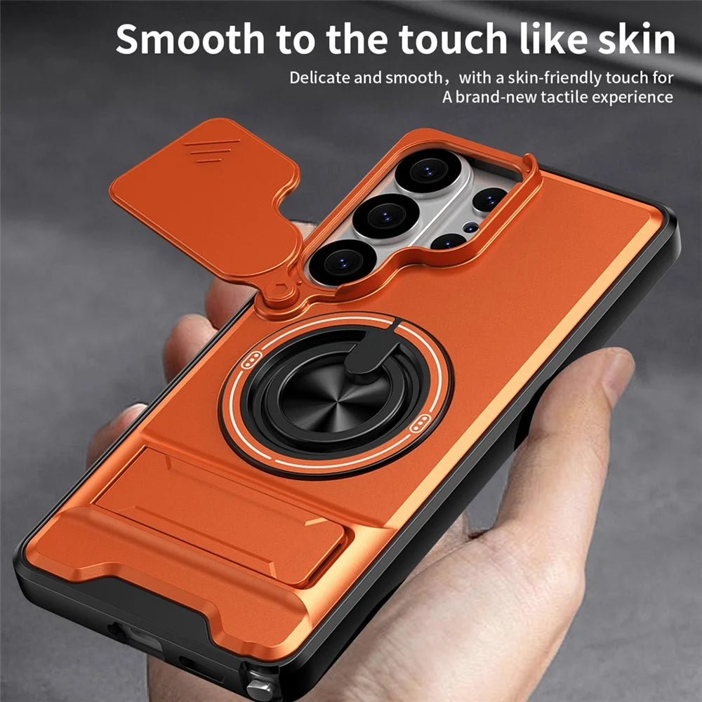 For Samsung Galaxy S26 Ultra Magnetic Case Ring Holder Foldable Kickstand TPU PC Phone Cover with Camera Lens Slider - Orange - 6