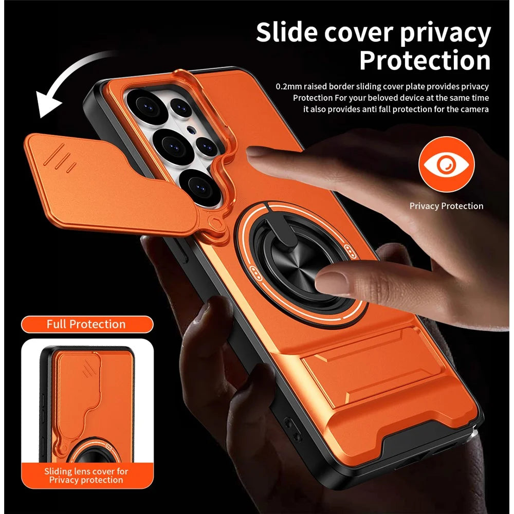 For Samsung Galaxy S26 Ultra Magnetic Case Ring Holder Foldable Kickstand TPU PC Phone Cover with Camera Lens Slider - Orange - 7
