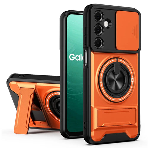 For Samsung Galaxy A37 5G Magnetic Case Ring Holder Foldable Kickstand TPU PC Phone Cover with Camera Lens Slider - Orange - 1