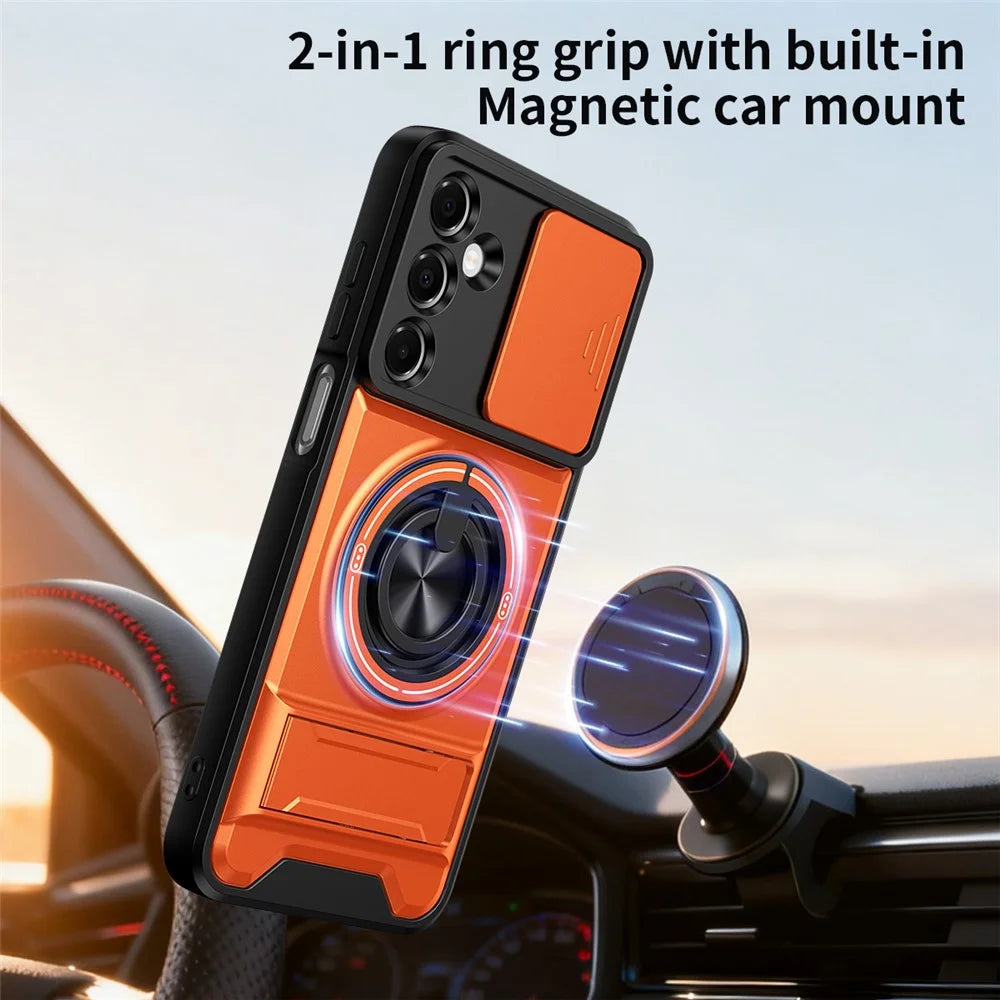 For Samsung Galaxy A37 5G Magnetic Case Ring Holder Foldable Kickstand TPU PC Phone Cover with Camera Lens Slider - Orange - 2