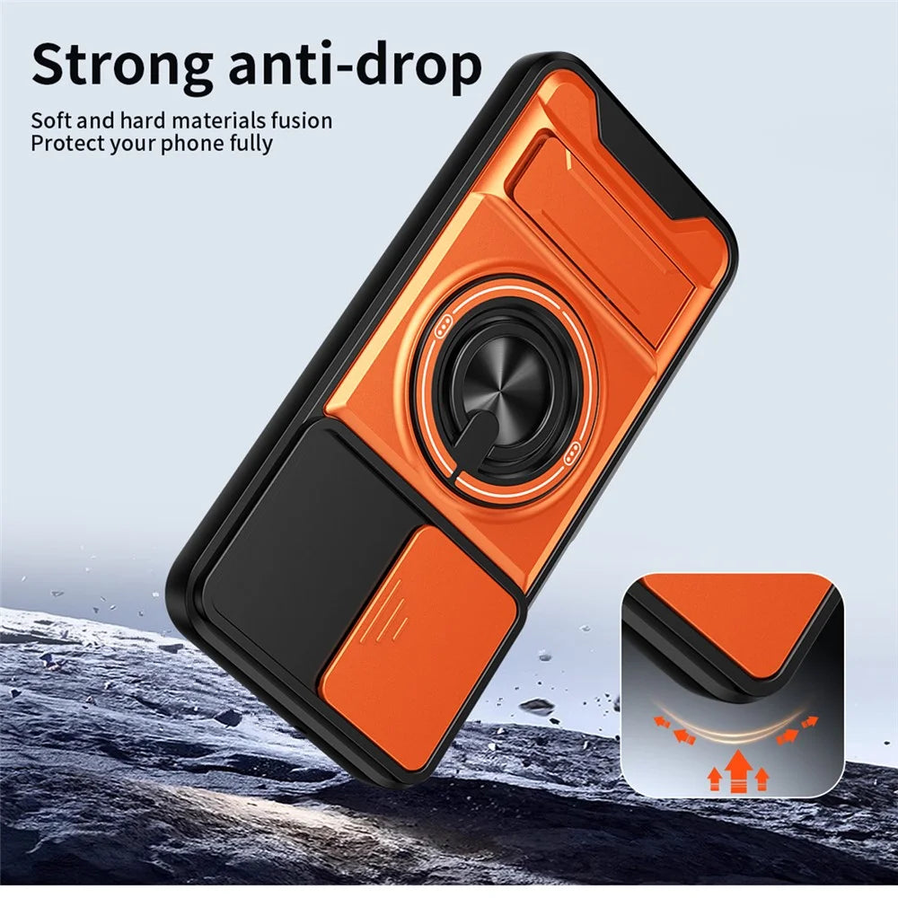 For Samsung Galaxy A37 5G Magnetic Case Ring Holder Foldable Kickstand TPU PC Phone Cover with Camera Lens Slider - Orange - 3