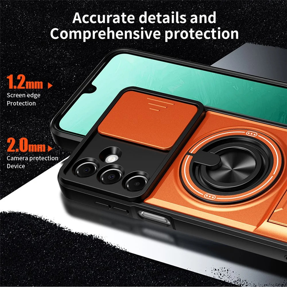 For Samsung Galaxy A37 5G Magnetic Case Ring Holder Foldable Kickstand TPU PC Phone Cover with Camera Lens Slider - Orange - 5