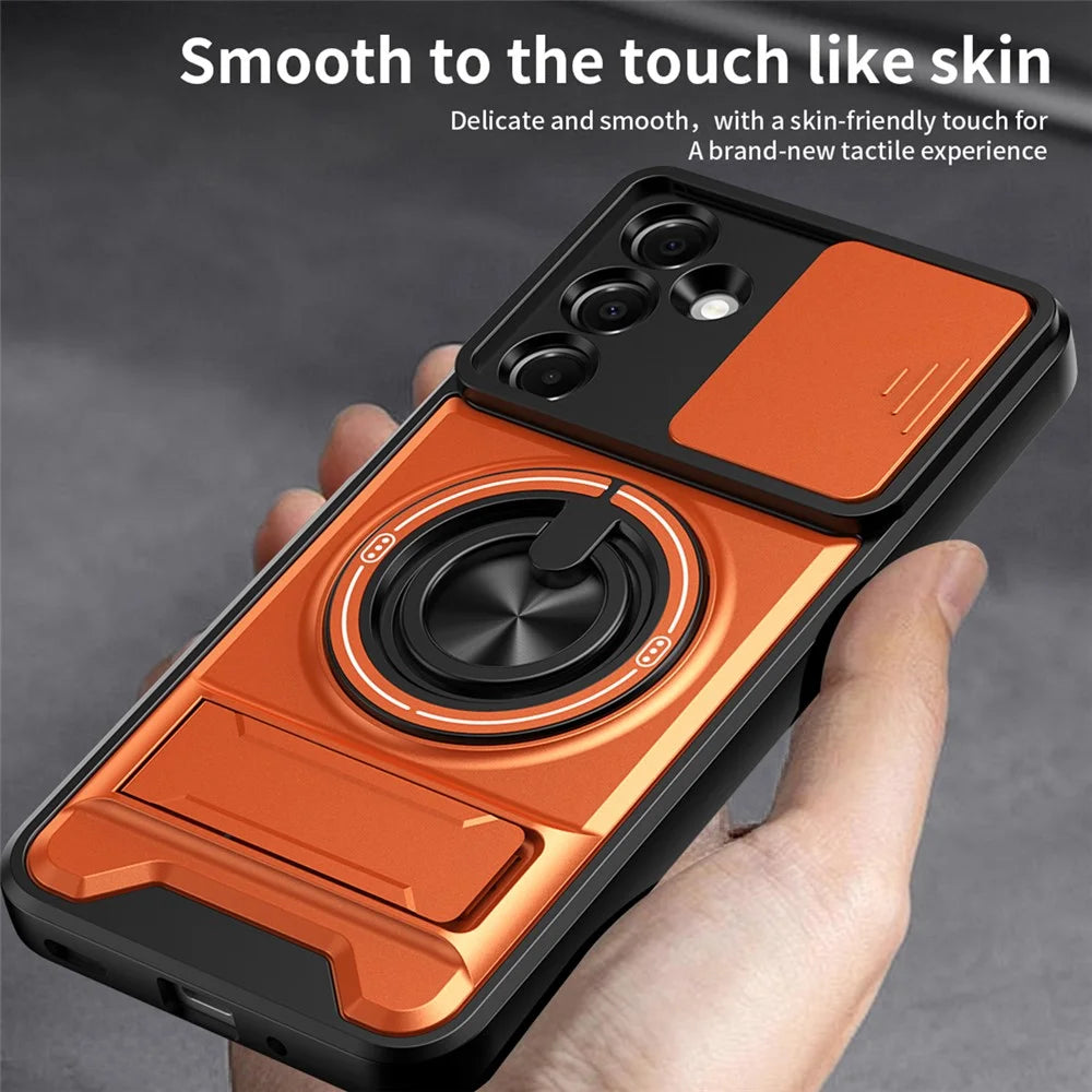 For Samsung Galaxy A37 5G Magnetic Case Ring Holder Foldable Kickstand TPU PC Phone Cover with Camera Lens Slider - Orange - 6
