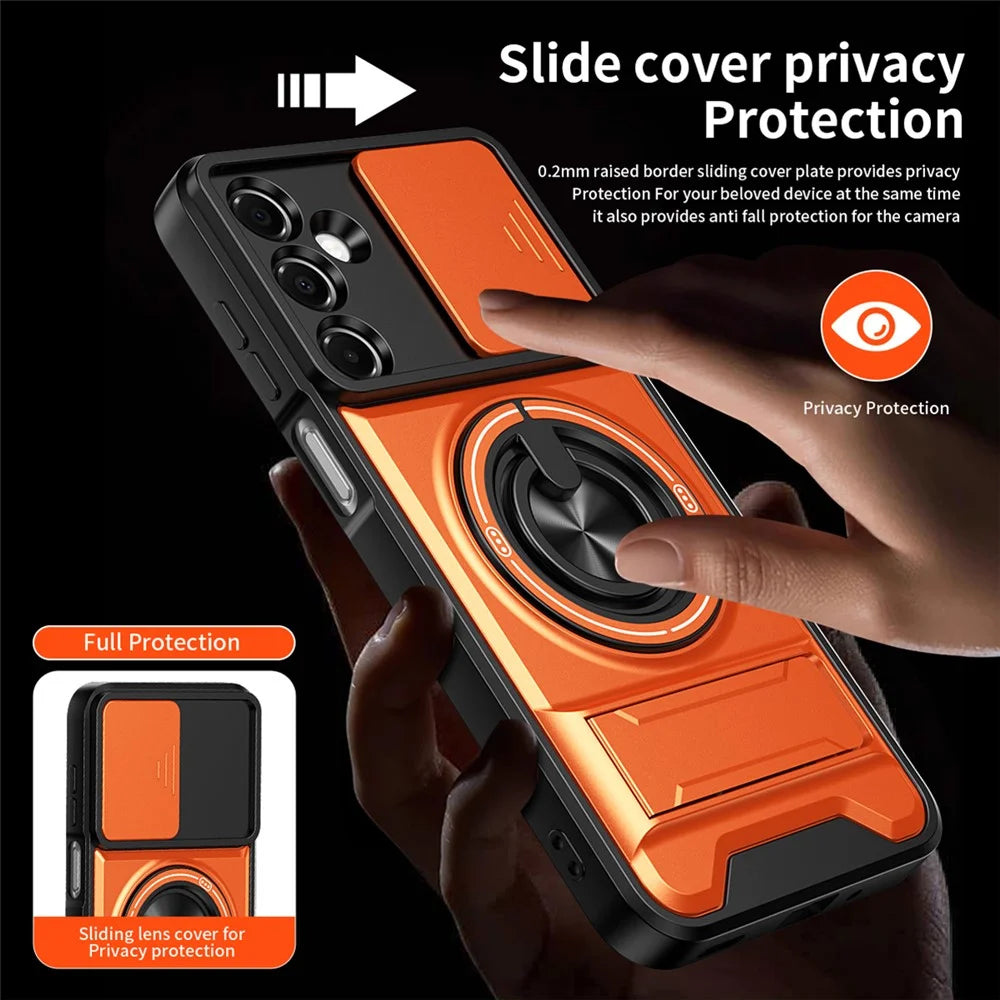 For Samsung Galaxy A37 5G Magnetic Case Ring Holder Foldable Kickstand TPU PC Phone Cover with Camera Lens Slider - Orange - 7