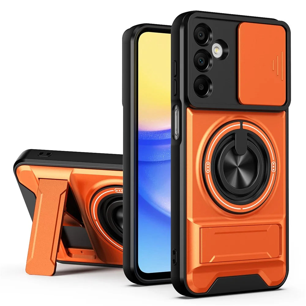 For Samsung Galaxy A15 5G  /  4G Magnetic Case Ring Holder Foldable Kickstand TPU PC Phone Cover with Camera Lens Slider - Orange - 1