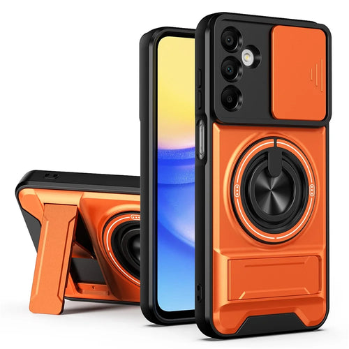 For Samsung Galaxy A15 5G  /  4G Magnetic Case Ring Holder Foldable Kickstand TPU PC Phone Cover with Camera Lens Slider - Orange - 1