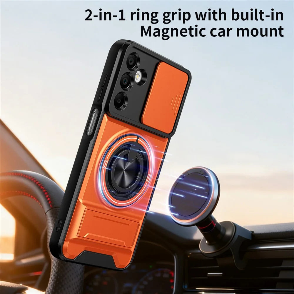 For Samsung Galaxy A15 5G  /  4G Magnetic Case Ring Holder Foldable Kickstand TPU PC Phone Cover with Camera Lens Slider - Orange - 2