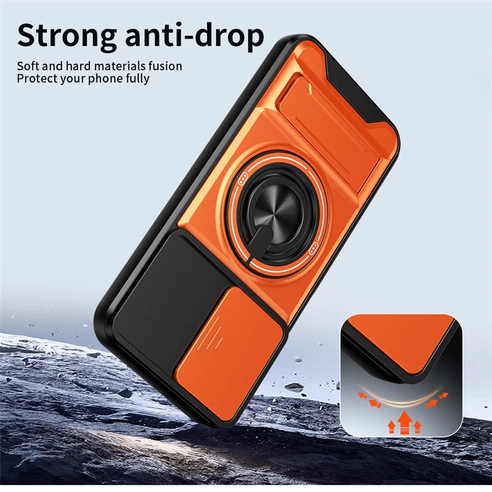 For Samsung Galaxy A15 5G  /  4G Magnetic Case Ring Holder Foldable Kickstand TPU PC Phone Cover with Camera Lens Slider - Orange - 3
