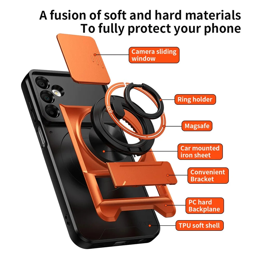 For Samsung Galaxy A15 5G  /  4G Magnetic Case Ring Holder Foldable Kickstand TPU PC Phone Cover with Camera Lens Slider - Orange - 4
