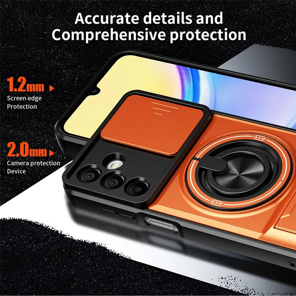For Samsung Galaxy A15 5G  /  4G Magnetic Case Ring Holder Foldable Kickstand TPU PC Phone Cover with Camera Lens Slider - Orange - 5