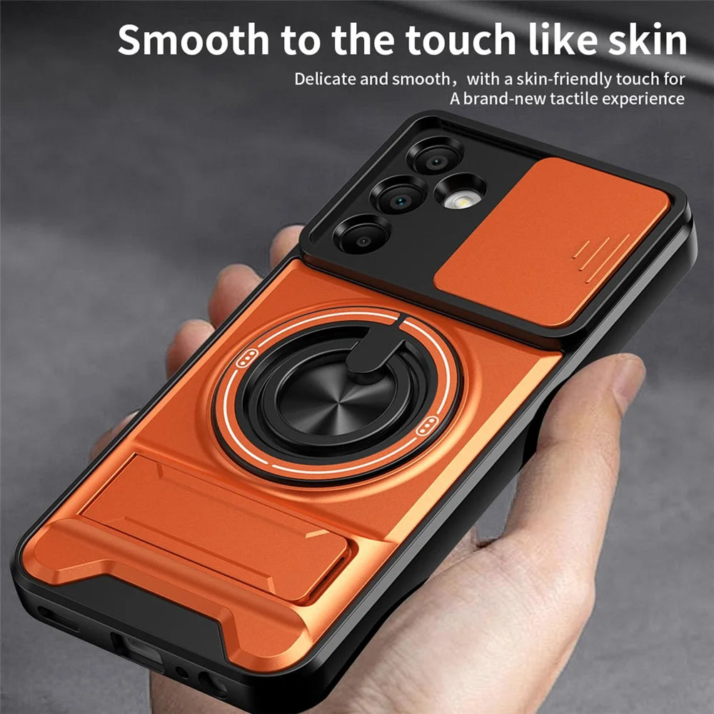For Samsung Galaxy A15 5G  /  4G Magnetic Case Ring Holder Foldable Kickstand TPU PC Phone Cover with Camera Lens Slider - Orange - 6