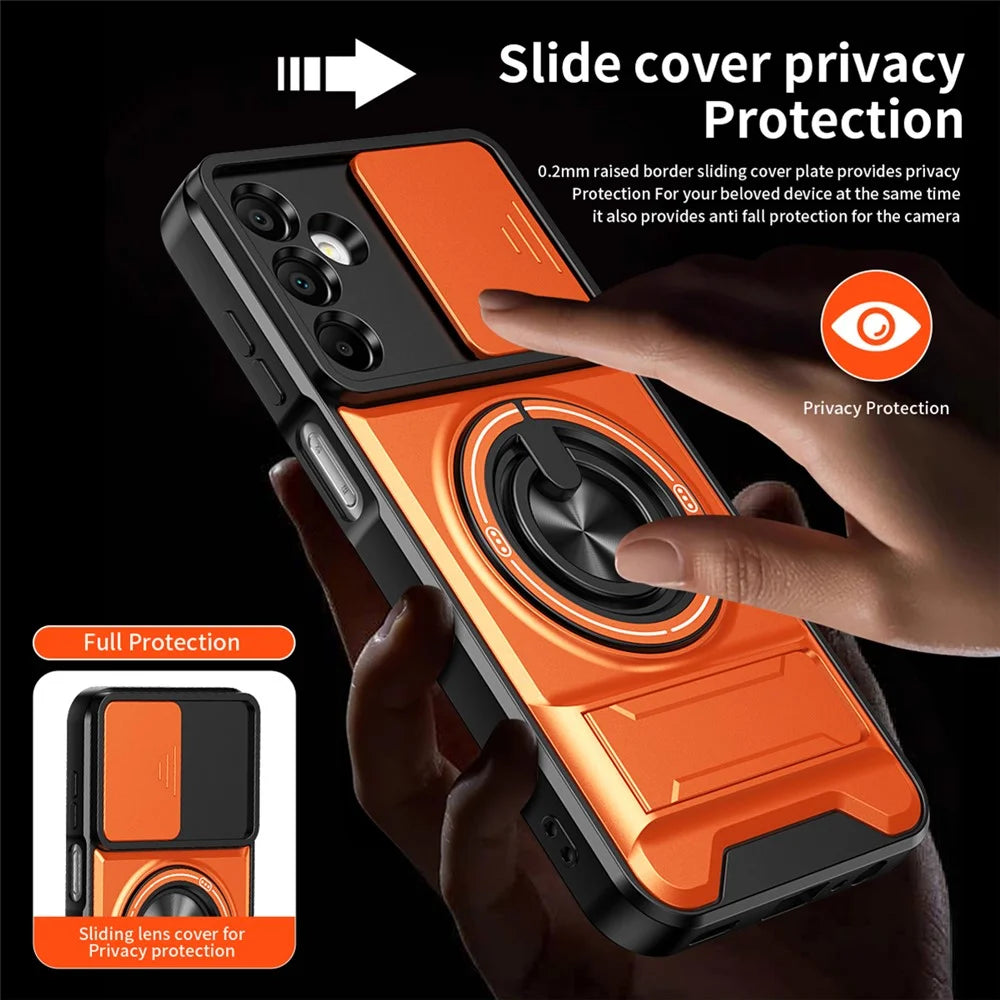 For Samsung Galaxy A15 5G  /  4G Magnetic Case Ring Holder Foldable Kickstand TPU PC Phone Cover with Camera Lens Slider - Orange - 7